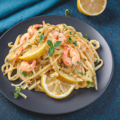 Linguine with shrimp, lemon slices, and herbs on a black plate, surrounded by a teal background.
